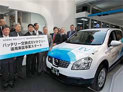 Japanese government officials and company executives gather for the opening ceremony of a battery switch station for electric vehicle taxis in Tokyo, Japan, Monday, April 26, 2010.
